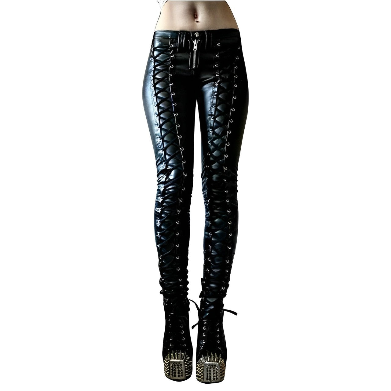 Schwarze Lederhose mit Schnürung, figurbetont, rockiger Stil, ideal für Gothic- und Punk-Mode. Perfekt für trendige, alternative Outfits.
