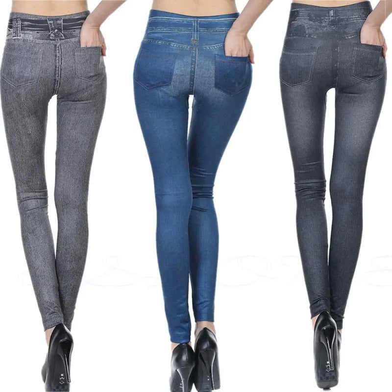 Damen-Jeans-Leggings in Grau, Blau und Schwarz, figurbetont, hoher Bund, elastisch, modisch, ideal für Freizeit und Alltag.