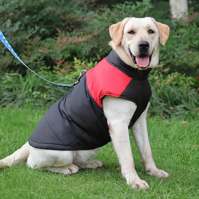 Labrador Retriever mit schwarzer und roter Hundejacke auf grünem Rasen. Hundemantel, Haustiermode, Outdoor-Bekleidung für Hunde.