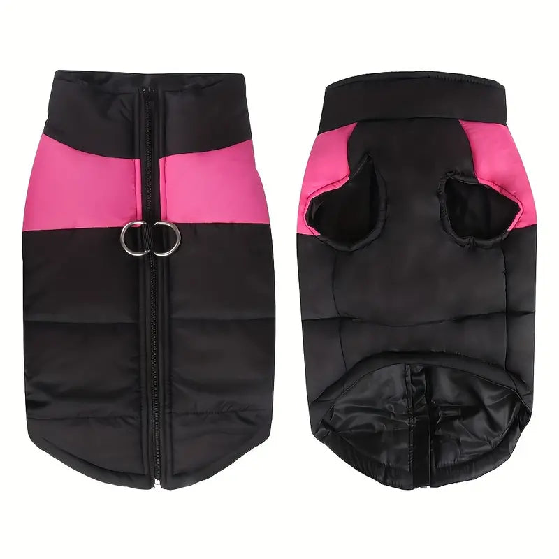 Schwarze und pinke Hundejacke mit Reißverschluss, reflektierendem Streifen und D-Ring. Ideal für kaltes Wetter, wasserdicht und warm.