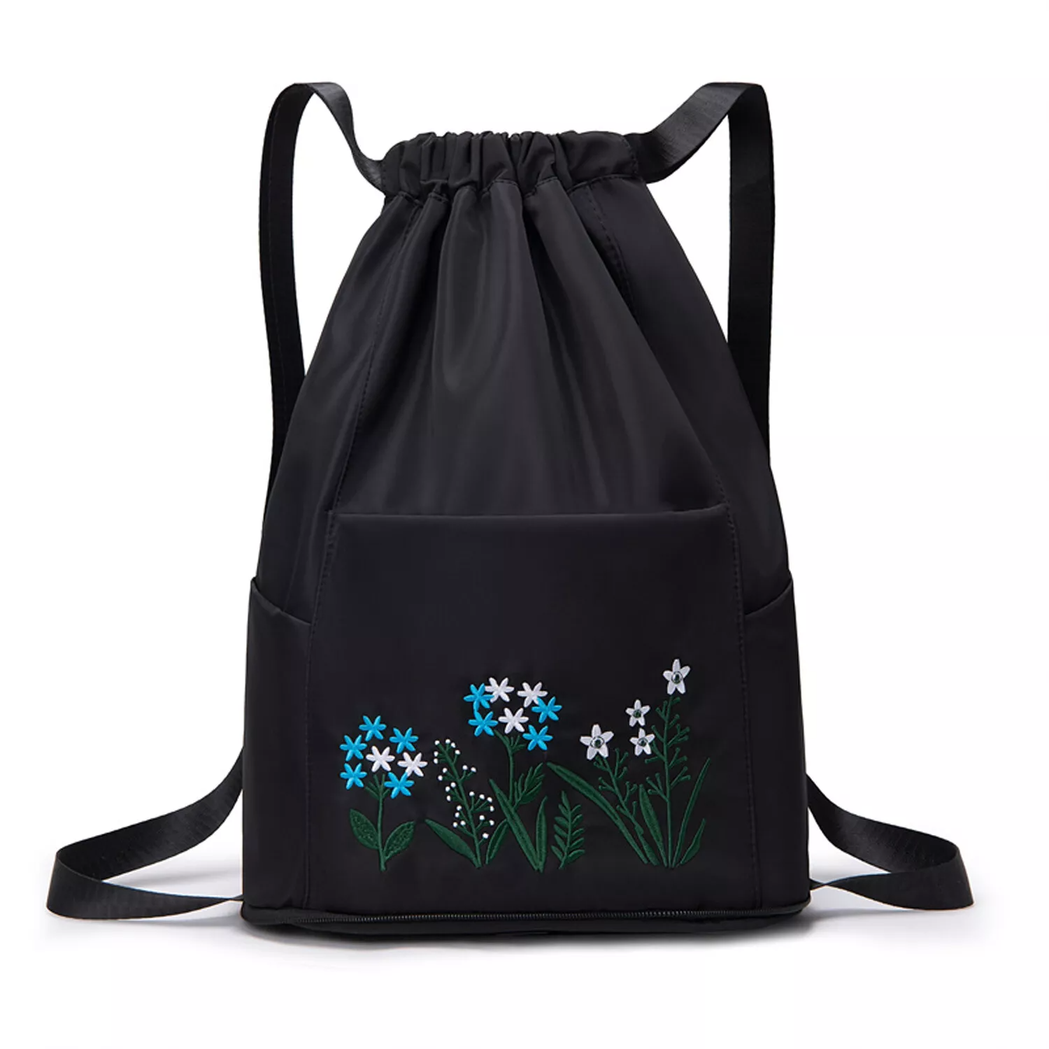 Schwarzer Turnbeutel mit Blumenstickerei, Sporttasche, Kordelzug, modisch, leicht, Damen-Herren.