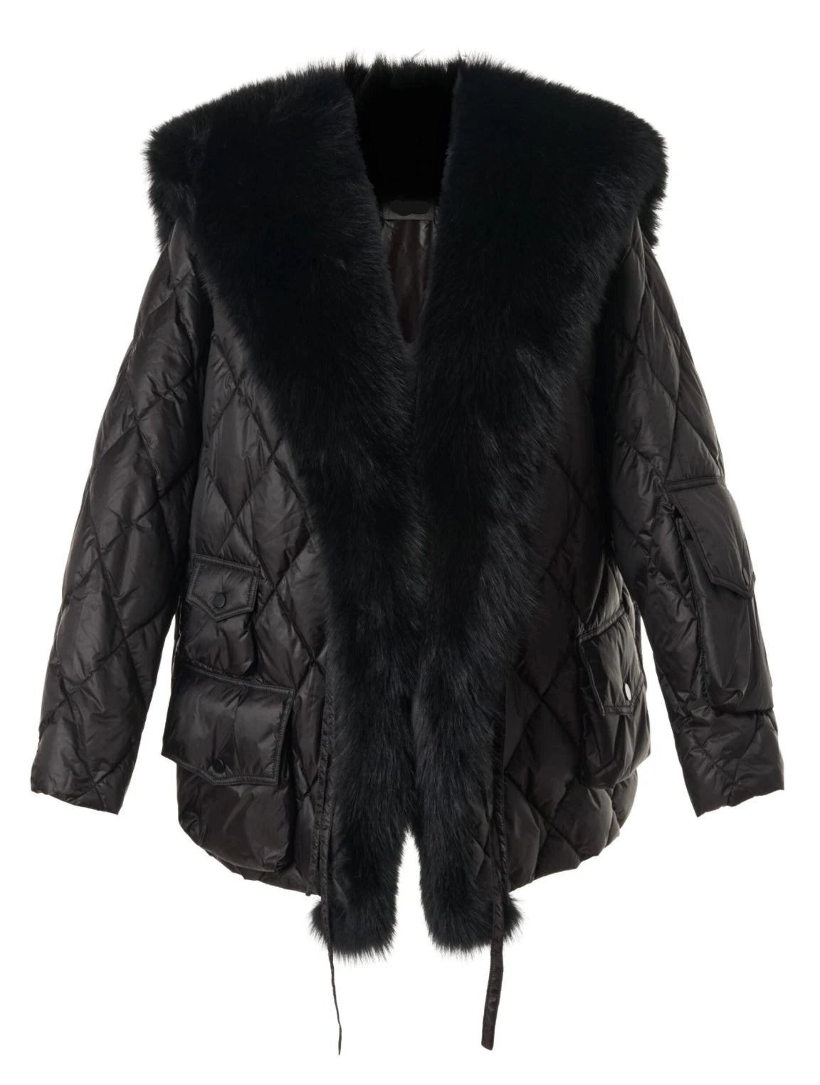 Schwarze gesteppte Jacke mit Kunstpelzkragen, modisch und warm, ideal für Wintermode. Hochwertige Damenbekleidung, stilvoll und elegant.