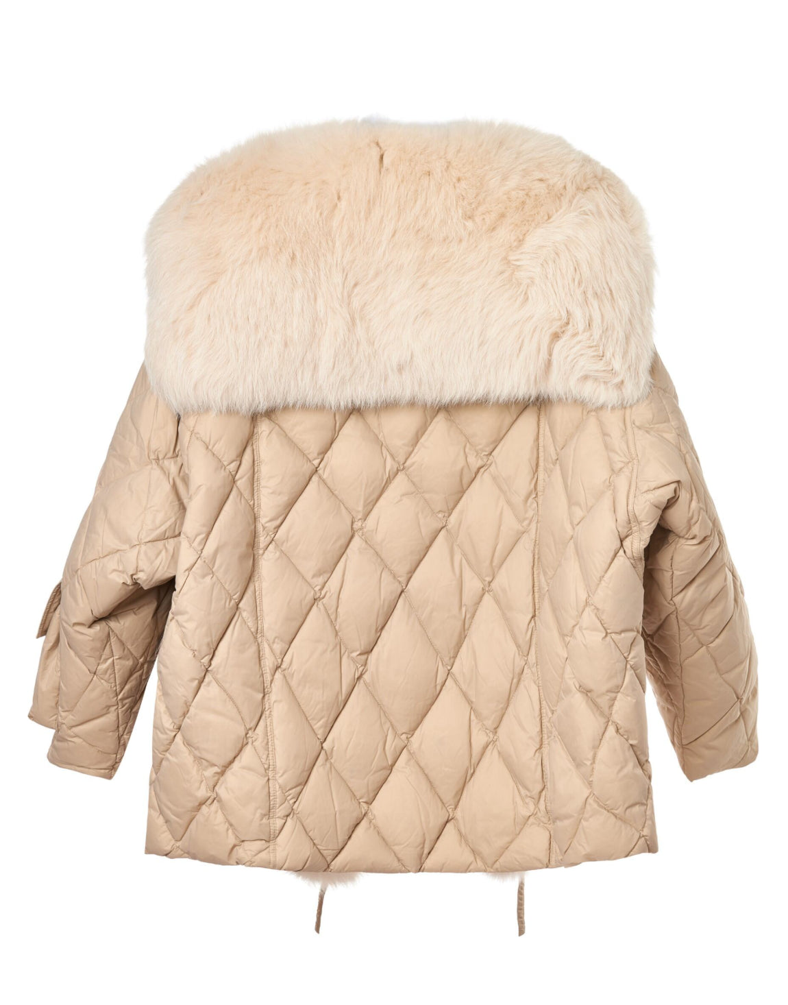 Beige Steppjacke mit Kunstpelzkragen, modisch und warm, ideal für Wintermode. Hochwertige Materialien, stilvolles Design, Damenbekleidung.