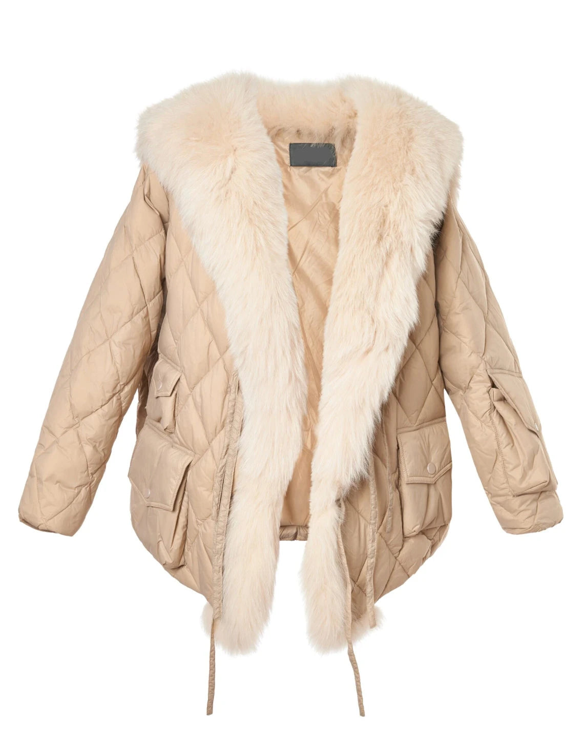 Beige gesteppte Winterjacke mit Kunstpelzkragen, warm und stilvoll, ideal für kalte Tage. Perfekt für Damenmode, Winterbekleidung, Outdoor.