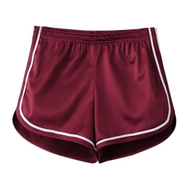 Schimmernde Sportshorts in Rotweinfarbe, ideal für Fitness und Freizeit. Elastischer Bund, atmungsaktives Material, modischer Look.