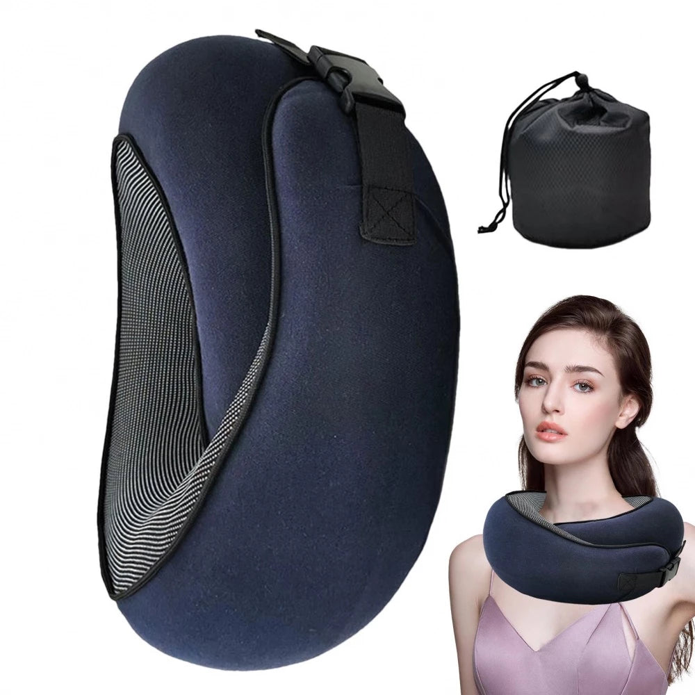 Reisekissen Nackenkissen Memory Foam, dunkelblau, ergonomisch, mit Tragetasche, für Flugreisen.
