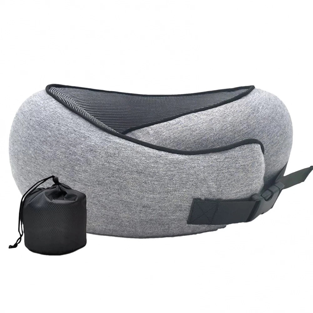 Graues Nackenkissen aus Memory-Schaum mit Tragetasche, ergonomisch, ideal für Reisen.