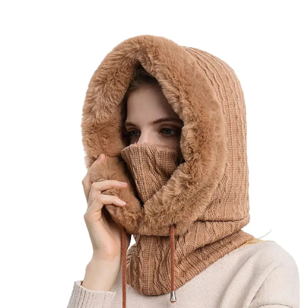 Damen Strickschal mit Kapuze, warmes Winteraccessoire, braun, weiches Kunstfell, modisch und funktional, ideal für kalte Tage.