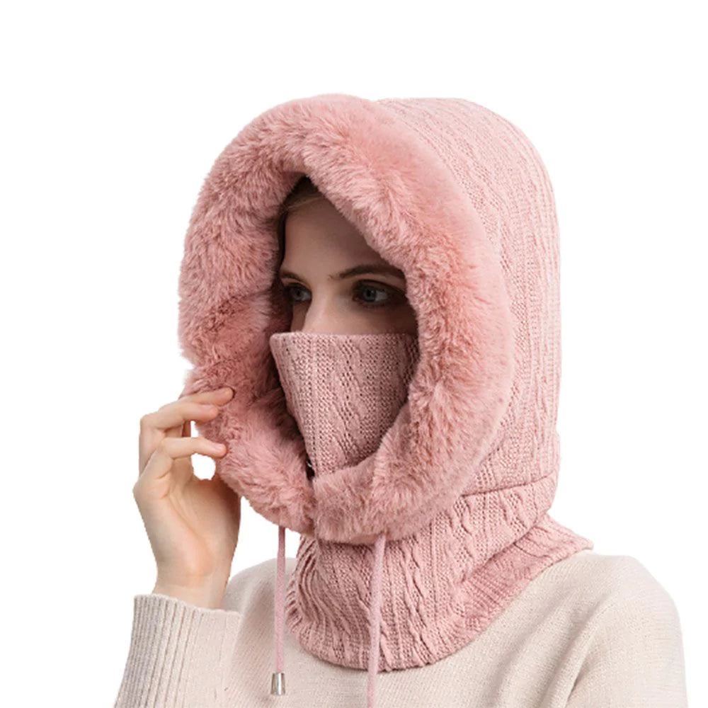 Damen Wintermütze mit Schal, rosa, gestrickt, warm, modisch, ideal für kalte Tage. Perfekt für Outdoor-Aktivitäten und stilvolle Wintermode.