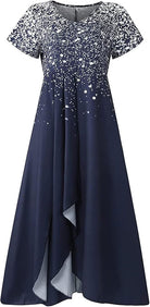 Damenkleid blau silber, kurzärmelig, asymmetrischer Saum, festlich, elegant.