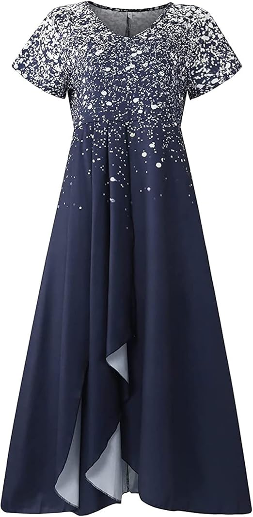 Damenkleid blau silber, kurzärmelig, asymmetrischer Saum, festlich, elegant.