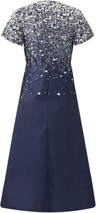 Damenkleid blau-weiß, kurzärmelig, A-Linie, gepunktetes Muster, elegantes Design.