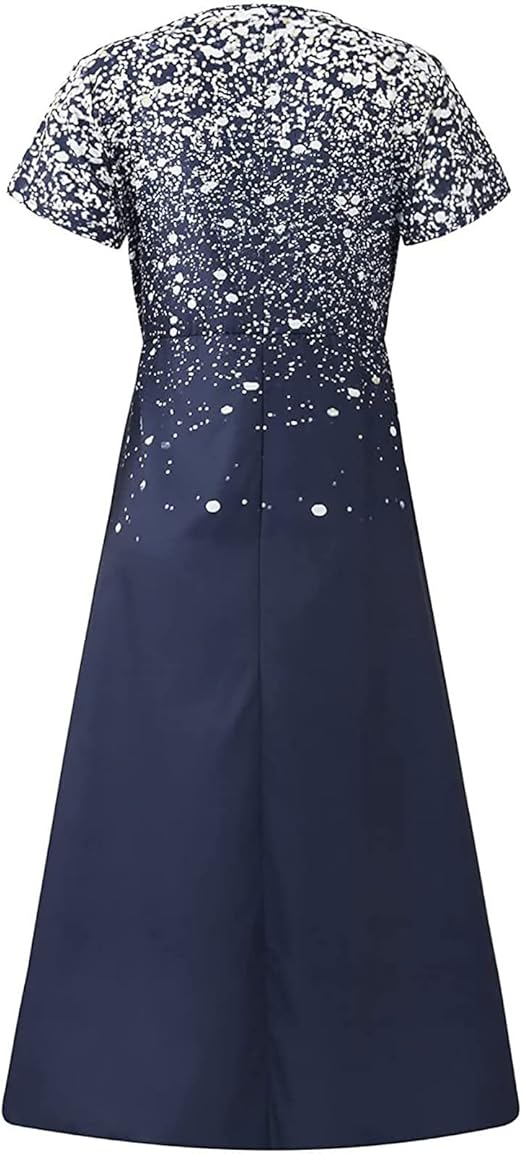 Damenkleid blau-weiß, kurzärmelig, A-Linie, gepunktetes Muster, elegantes Design.