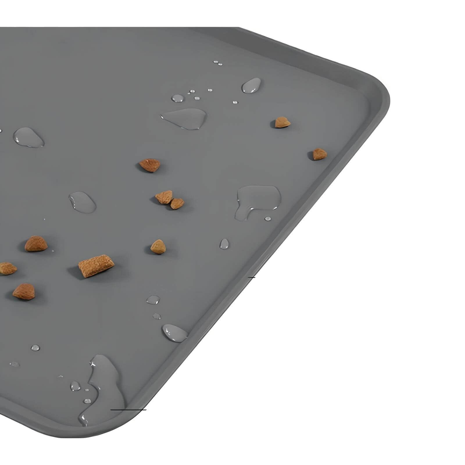 Rutschfeste, wasserdichte Silikon-Futtermatte für Hunde in Grau mit Futterstücken.