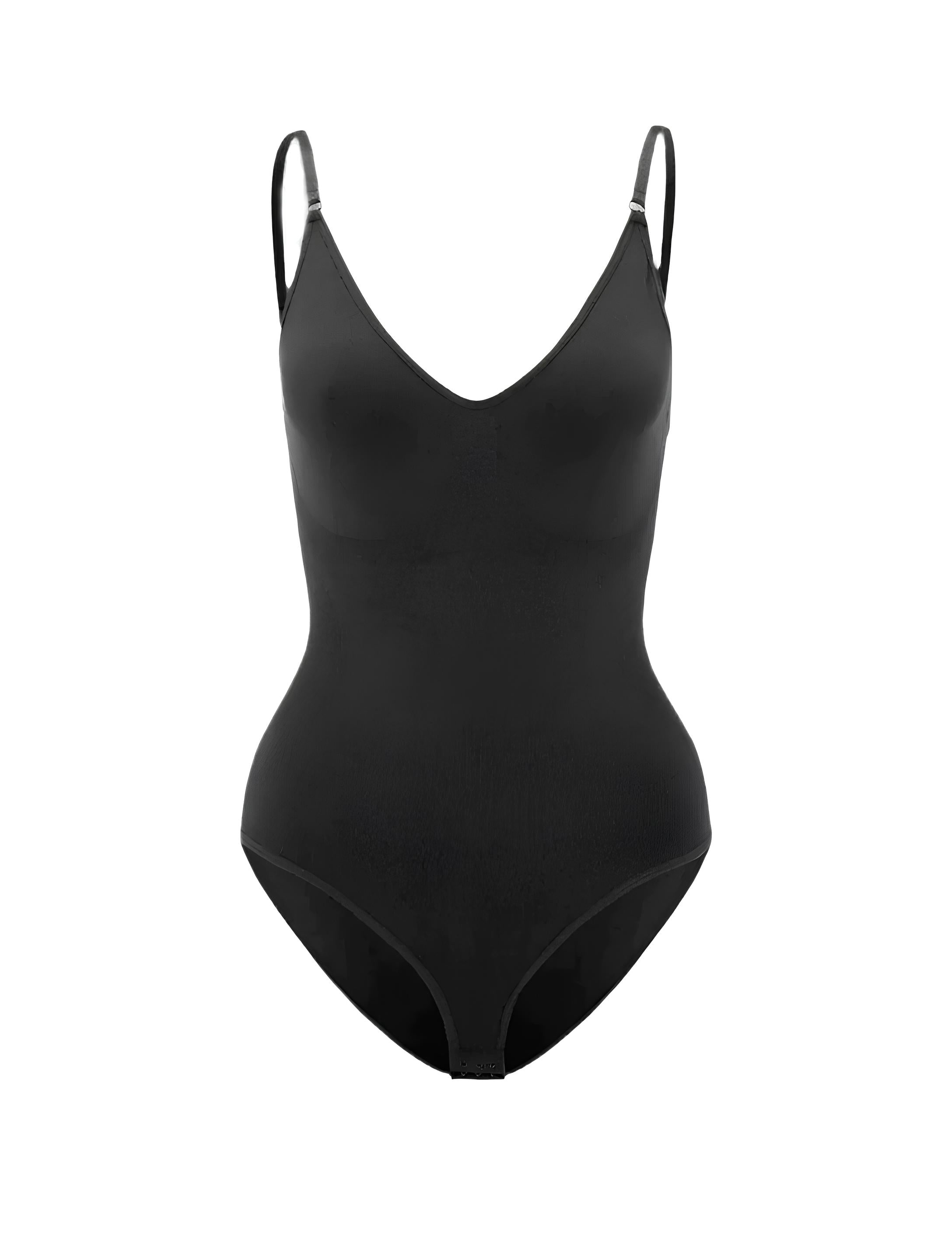 Schwarzer Body mit V-Ausschnitt und verstellbaren Trägern, nahtloses Design, figurformend, ideal für Damenmode, Unterwäsche, Shapewear.