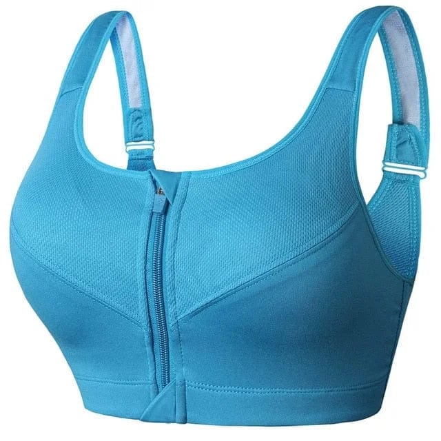 Sport-BH in großen Größen, blau, mit Reißverschluss vorne. Ideal für Fitness, hoher Tragekomfort, stützende Passform, atmungsaktives Material.