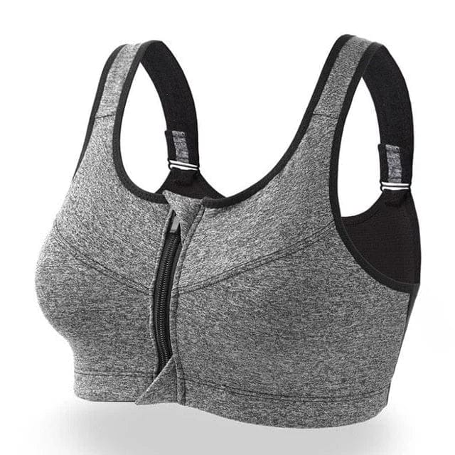 Grauer Sport-BH in großen Größen mit Reißverschluss, ideal für Fitness und Training. Bequeme Passform, atmungsaktives Material, starker Halt.