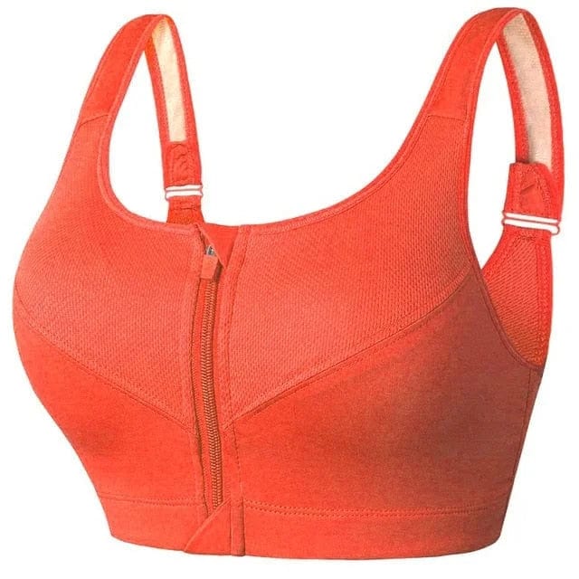 Sport-BH in großen Größen, orange, mit Reißverschluss vorne. Ideal für Fitness, hoher Tragekomfort, stützende Passform. Perfekt für aktive Frauen.
