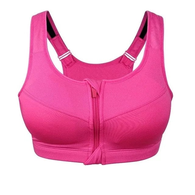 Sport-BH in großen Größen, rosa, mit Reißverschluss vorne. Ideal für Fitness, hoher Tragekomfort, stützende Passform, atmungsaktives Material.