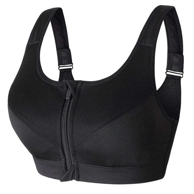 Schwarzer Sport-BH in großen Größen mit Reißverschluss, ideal für Fitness und Komfort. Atmungsaktiv, stützend, verstellbare Träger.