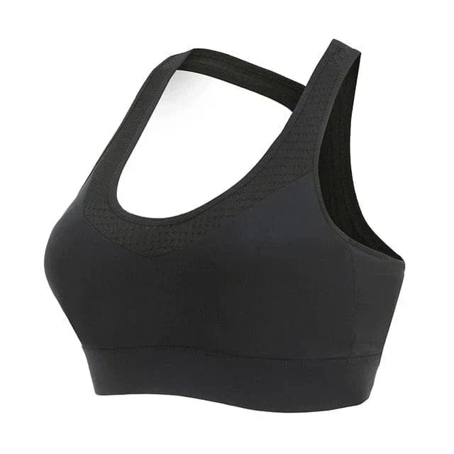 Schwarzer Sport-BH in großen Größen, ideal für Fitness und Training. Bequemer Halt, atmungsaktives Material, perfekter Sitz für aktive Frauen.
