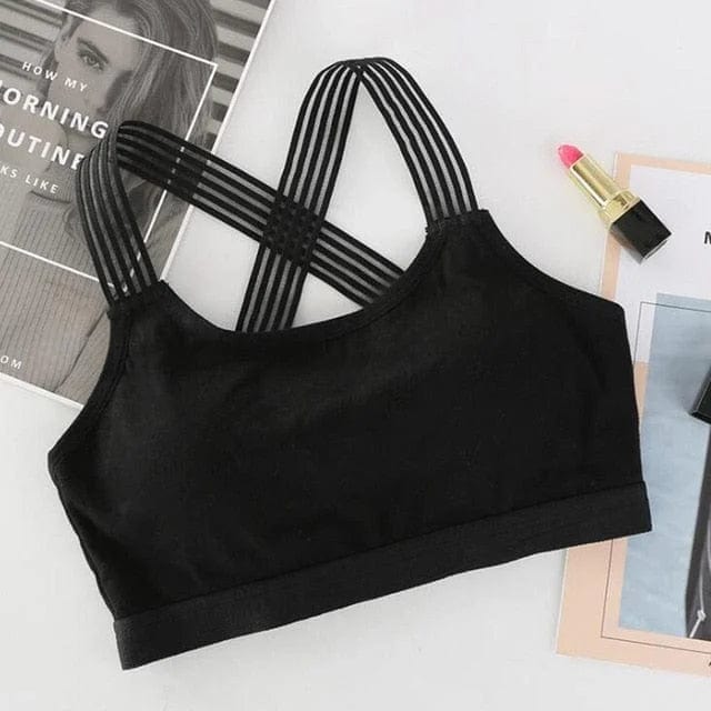 Schwarzer Sport-BH mit gekreuzten Trägern, ideal für Fitness und Yoga. Atmungsaktives Material, modisches Design, hoher Tragekomfort.