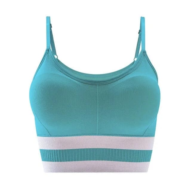 Grüner Sport-BH mit Trägern, nahtlos und atmungsaktiv, ideal für Fitness und Yoga. Bequeme Passform, elastisches Material, modisches Design.