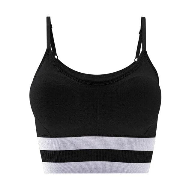 Schwarzer Sport-BH mit Trägern, nahtlos und atmungsaktiv, ideal für Fitness und Yoga. Bequeme Passform, elastisches Material, modisches Design.
