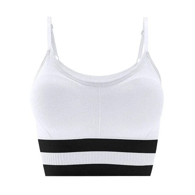 Weißer Sport-BH mit Trägern, elastischem Unterbrustband und Streifen-Design. Ideal für Fitness, Yoga und Sport. Bequem und stilvoll.