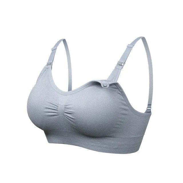 Grauer, nahtloser Still-BH mit verstellbaren Trägern, ideal für Komfort und Unterstützung. Perfekt für aktive Mütter. Hochwertige Materialien.