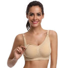 Beiger, sportlicher Still-BH, nahtlos, Größe 70C. Ideal für Komfort und Unterstützung beim Stillen. Perfekt für aktive Mütter.