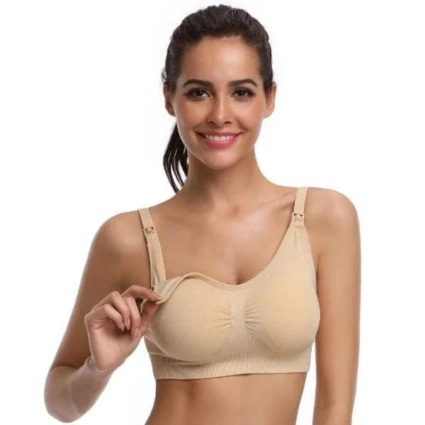 Beiger, sportlicher Still-BH, nahtlos, Größe 70C. Ideal für Komfort und Unterstützung beim Stillen. Perfekt für aktive Mütter.