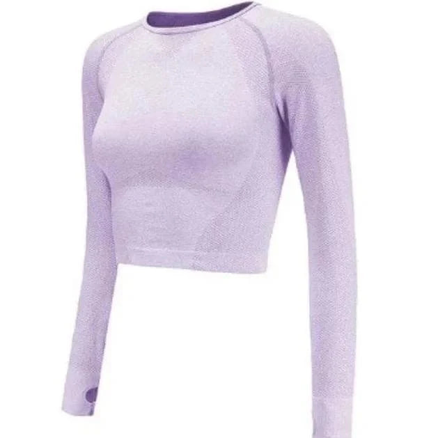 Sportliches langärmeliges Shirt mit Daumenloch, lila, atmungsaktiv, ideal für Fitness und Yoga. Damen-Sportbekleidung, bequem und stylisch.