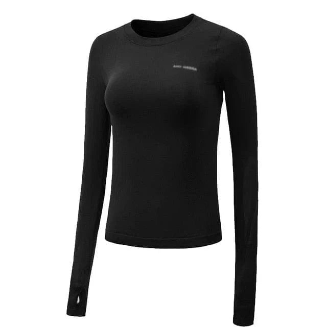 Schwarzes sportliches Damen-Top mit Daumenausschnitt, langärmelig, atmungsaktiv, ideal für Fitness und Yoga. Hochwertige Sportbekleidung.