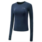 Sportliches Damen-Top in Marineblau mit Daumenausschnitt, langärmelig, ideal für Fitness und Freizeit. Hochwertiges Material, figurbetont.