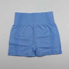 Blaue Sportshorts mit hoher Taille, nahtloses Design, atmungsaktiv, ideal für Fitness und Yoga. Bequeme Passform, elastisches Material.