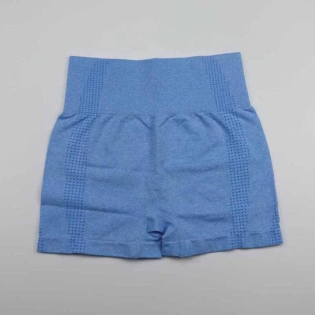 Blaue Sportshorts mit hoher Taille, nahtloses Design, atmungsaktiv, ideal für Fitness und Yoga. Bequeme Passform, elastisches Material.