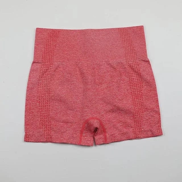 Himbeerrote Sportshorts mit hoher Taille, nahtloses Design, atmungsaktiv, ideal für Fitness und Yoga. Damen-Activewear, bequem und stylisch.