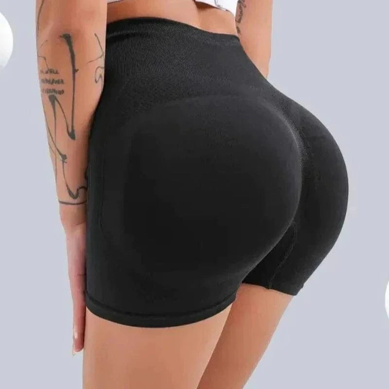 Schwarze Sportshorts mit hoher Taille für Damen, nahtloses Design, ideal für Fitness und Yoga. Bequeme Passform, atmungsaktives Material.