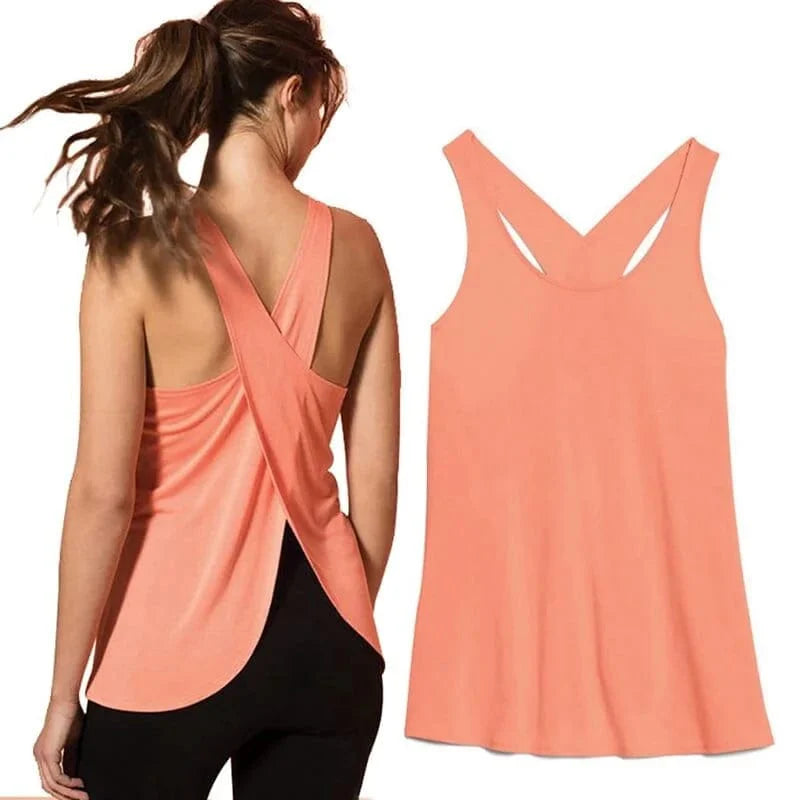 Damen Sporttop rosa, überkreuzter Rücken, ärmellos, atmungsaktiv, ideal für Fitness und Yoga. Trendige Sportbekleidung für Frauen.