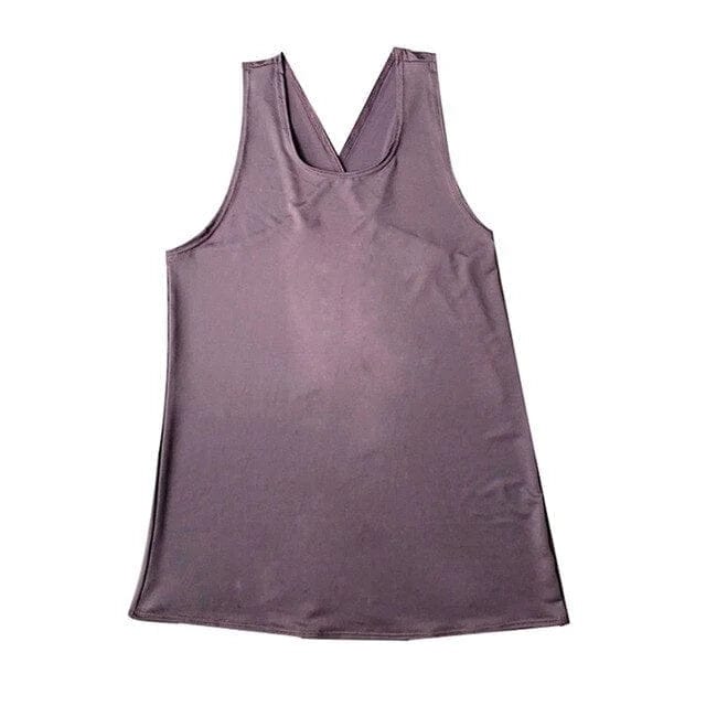 Violettes Sporttop mit überkreuztem Rücken, ärmellos, ideal für Fitness und Yoga. Atmungsaktives Material, modisches Design, Größe S.