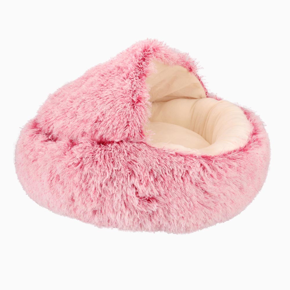 Rosa flauschiges Haustierbett, beruhigend, rund, für Katzen und kleine Hunde.