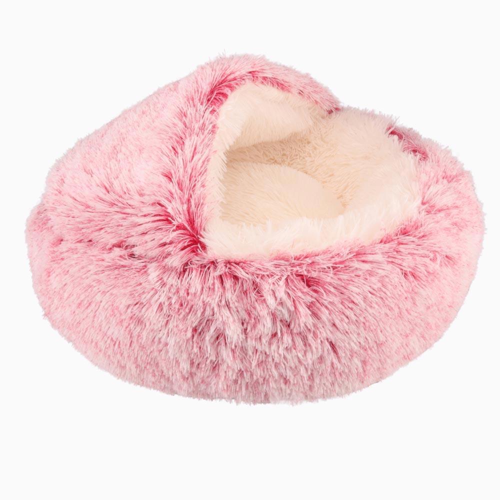 Rosa flauschiges Haustierbett, beruhigend, rund, Plüsch, für Katzen und kleine Hunde.