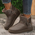 Glänzende Damen-Snowboots, wasserdicht und rutschfest, mit Schnallendekor. Perfekt für den Winter 2023. Bequeme, warme Plüsch-Innensohle.