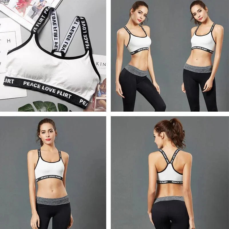 Universell einsetzbarer, atmungsaktiver Sport-BH in Weiß mit schwarzem Schriftzug. Ideal für Fitness, Yoga und Sport. Komfort und Stil vereint.