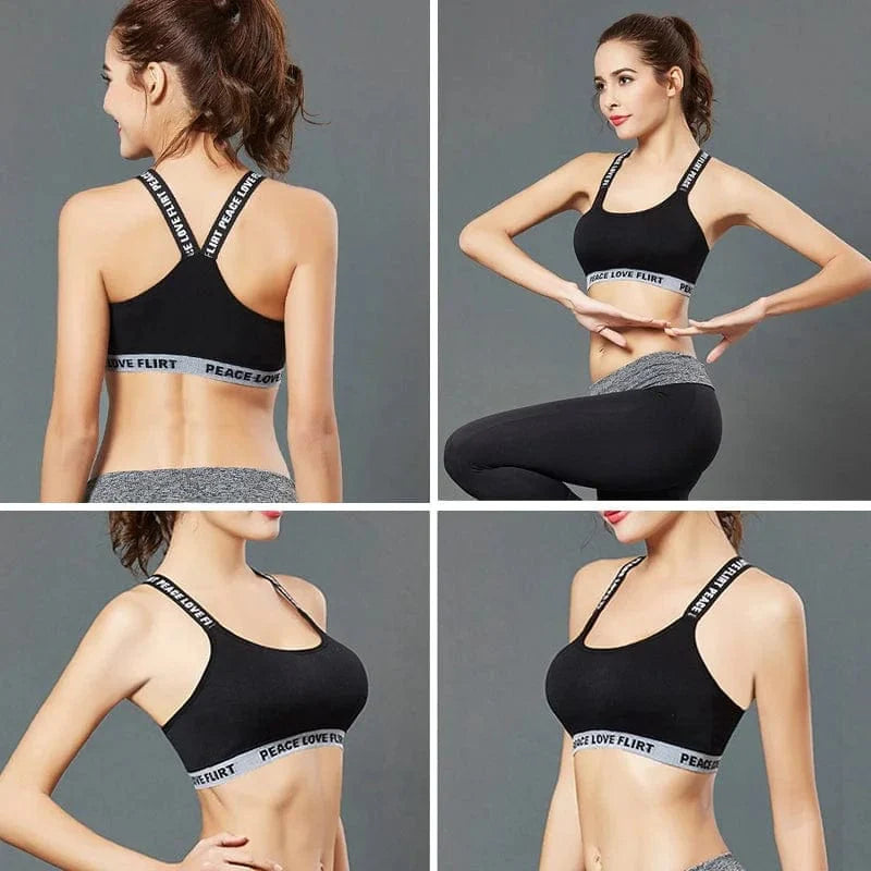 Damen Sport-BH, atmungsaktiv, universell einsetzbar, ideal für Fitness und Yoga, schwarz, elastisch, mit Schriftzug "Peace Love Flirt".