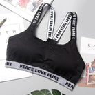Schwarzer Sport-BH, atmungsaktiv, universell einsetzbar, mit Aufschrift "Peace Love Flirt". Ideal für Fitness, Yoga und Sport.