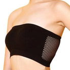 Schwarzer Sport-Bandeau-BH mit atmungsaktivem Mesh-Design, nahtlos und bequem. Perfekt für Fitness, Yoga und Freizeit.