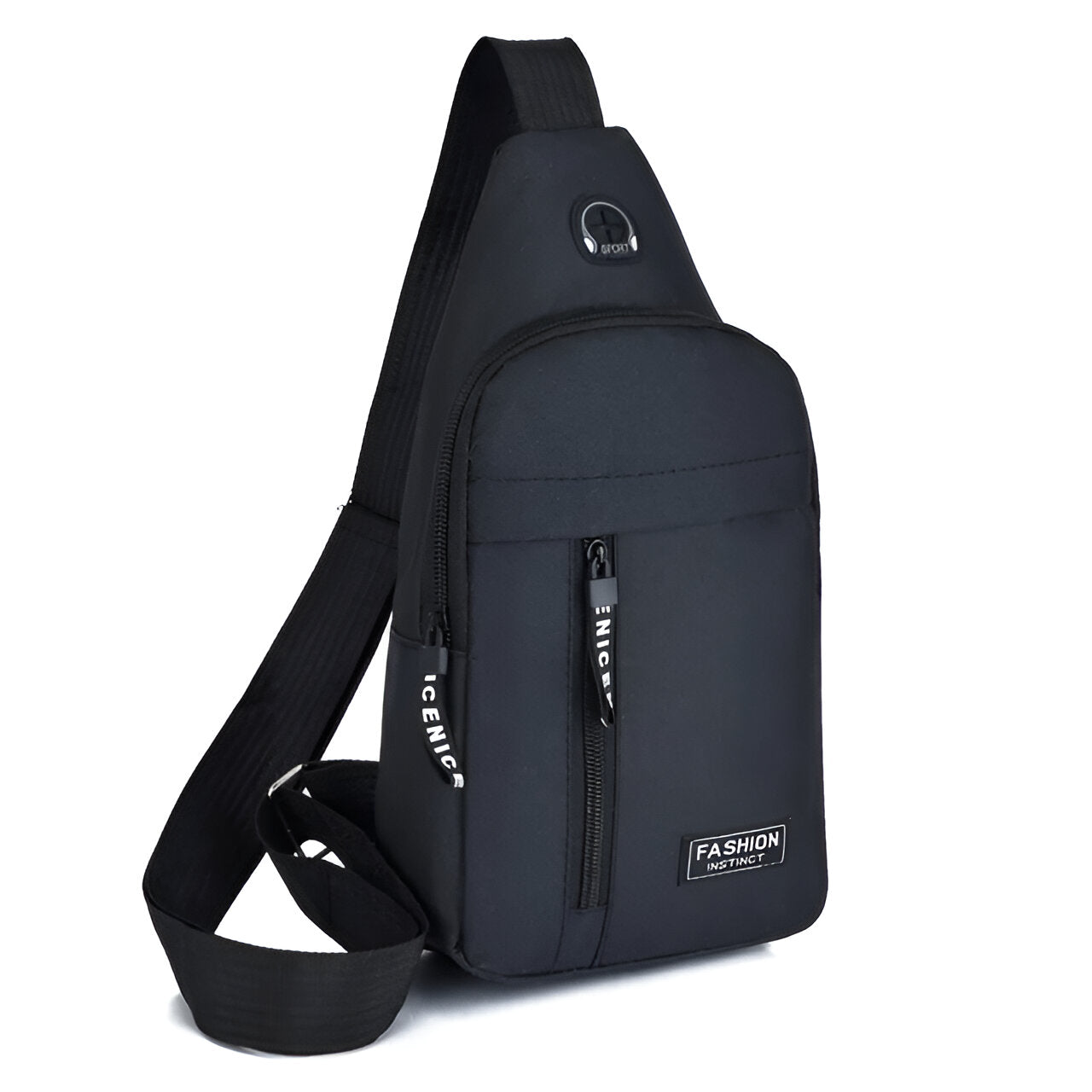 Schwarze Umhängetasche, wasserdicht, mit USB-Anschluss, ideal für Reisen und Alltag.