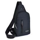 Schwarze Umhängetasche, wasserdicht, mit USB-Anschluss, ideal für Reisen und Alltag.